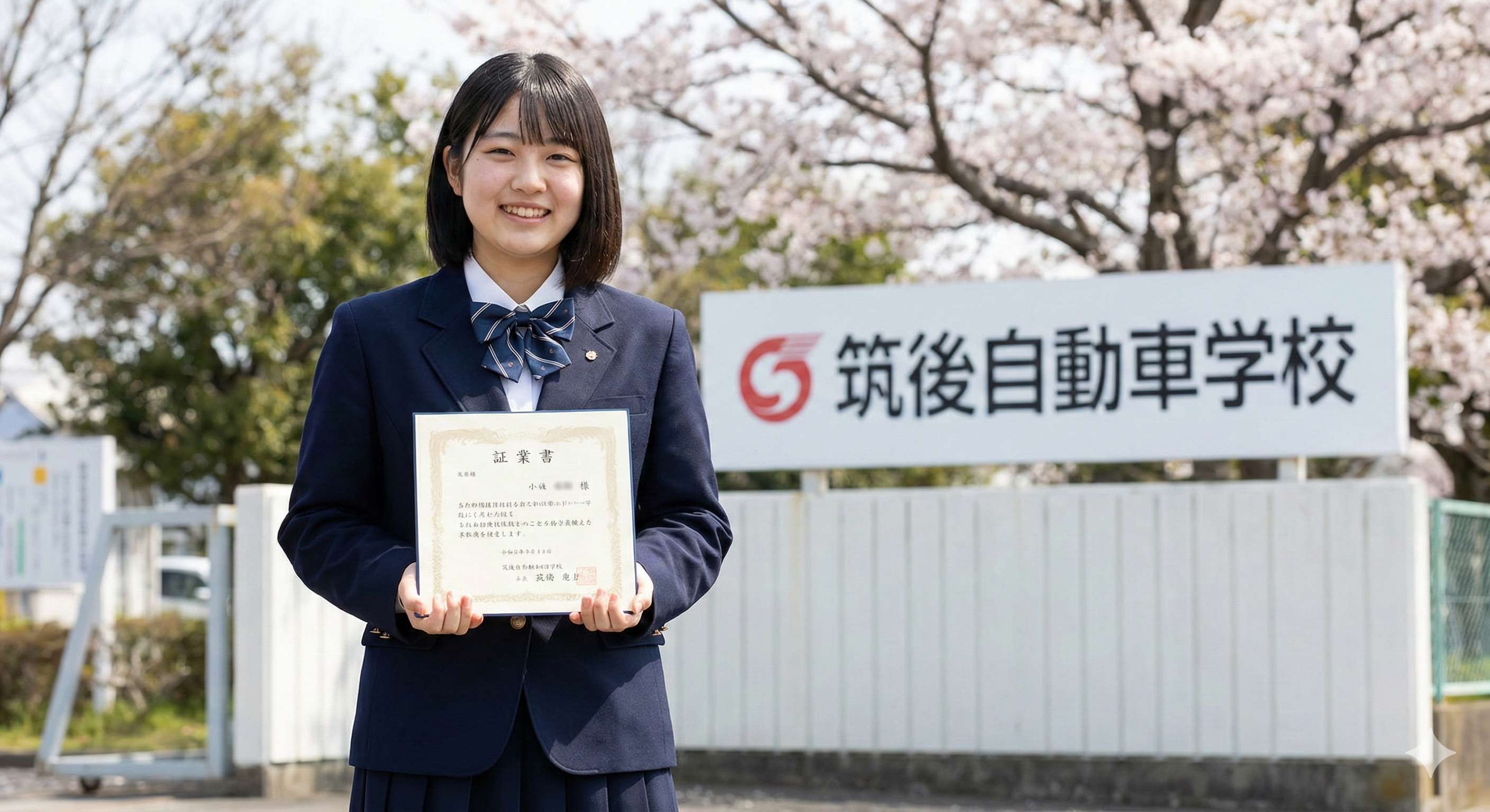 筑後自動車学校の看板前で卒業証書を持つ卒業生M.Aさん