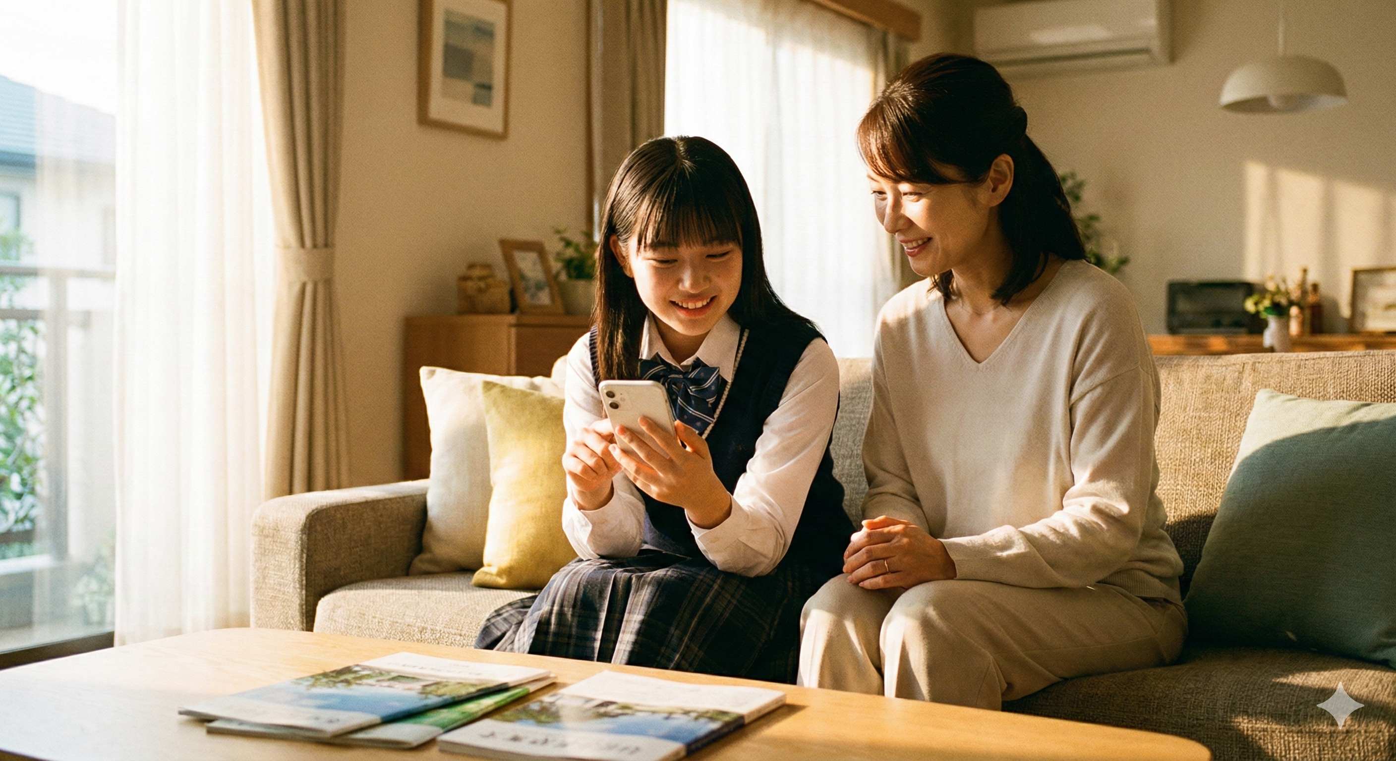 自宅のソファで母親と一緒にスマートフォンから筑後自動車学校に申し込みをする女子高校生