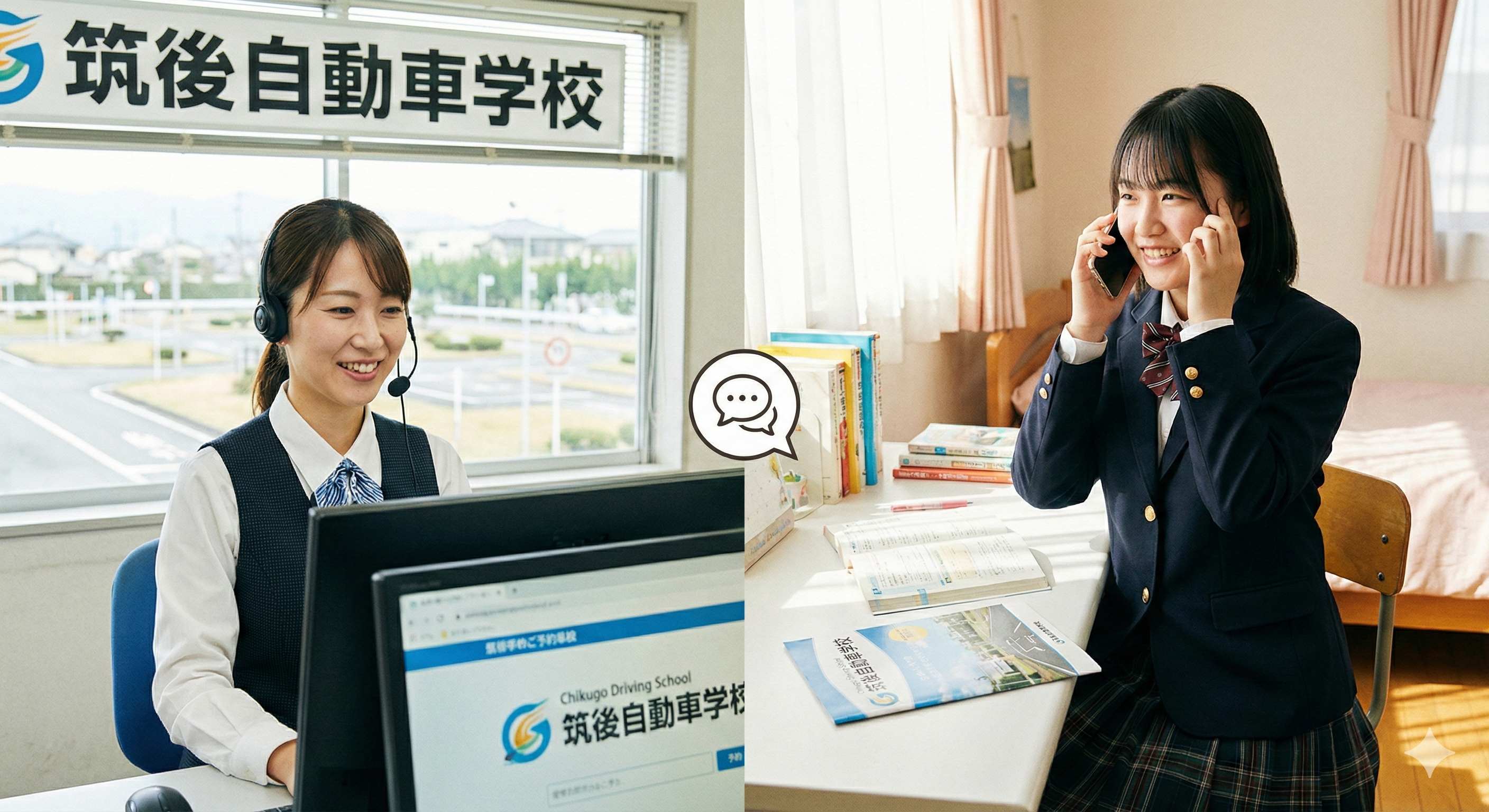 筑後自動車学校のスタッフがヘッドセットで電話対応し、自宅で電話を受ける女子高校生