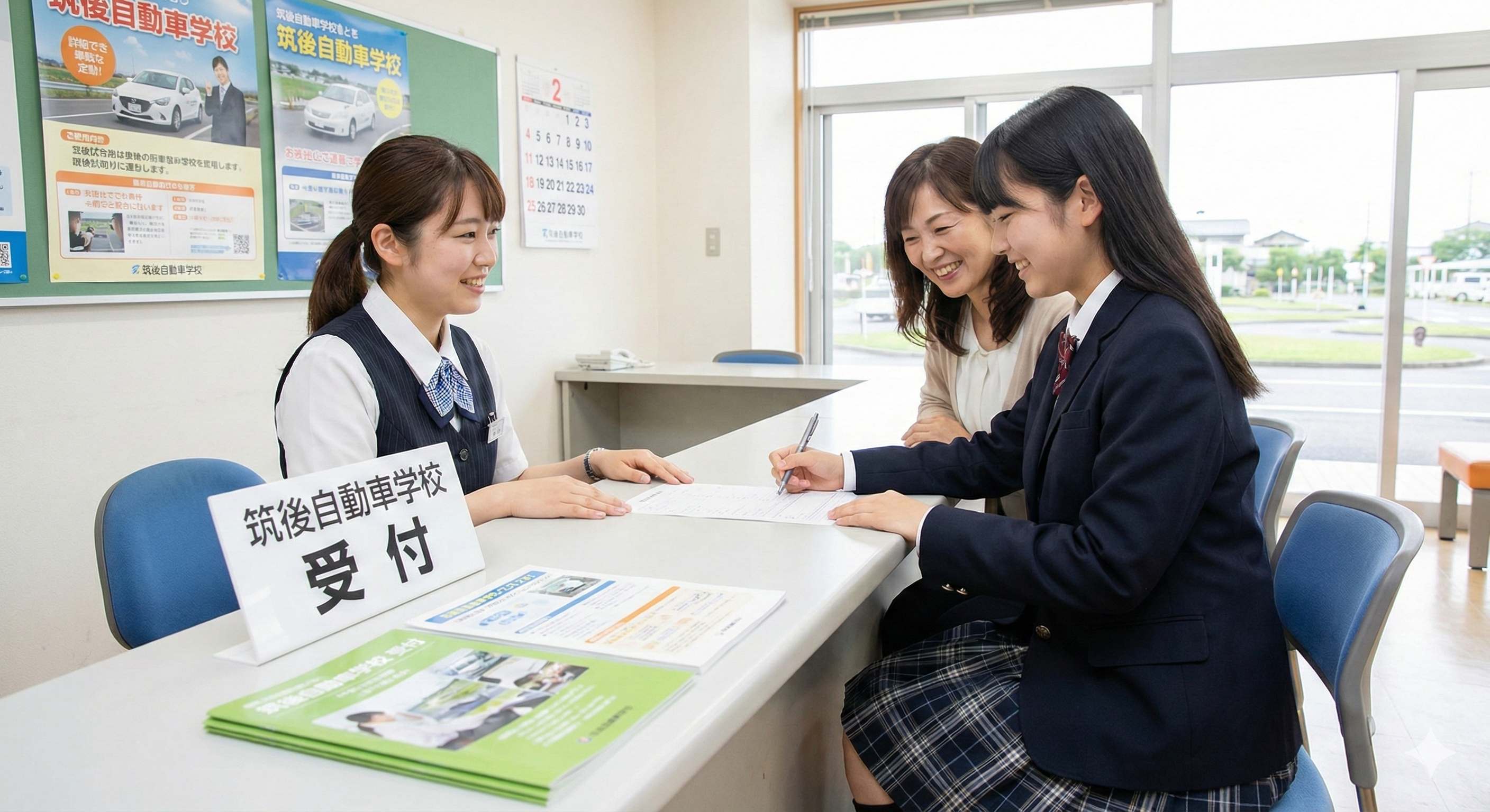 筑後自動車学校の受付でスタッフと母親と一緒に入校手続きをする制服の女子高校生