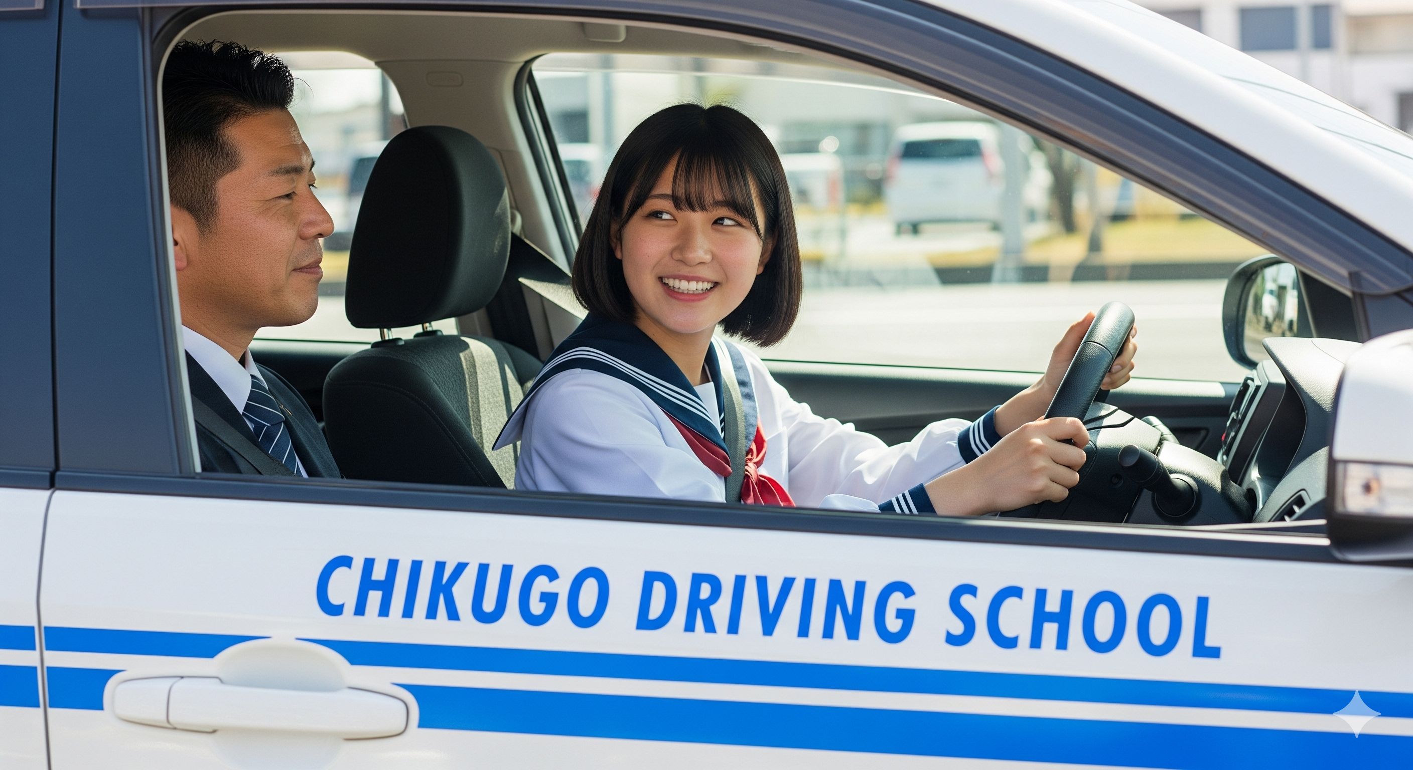 筑後自動車学校の教習車で教官と一緒に笑顔で運転する制服の女子高校生