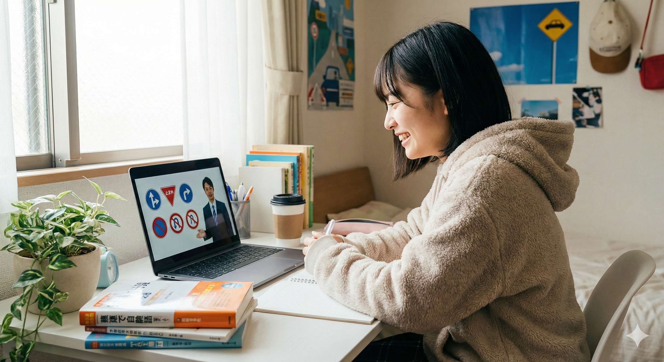 自宅でパソコンを使いオンライン学科を受講する女性